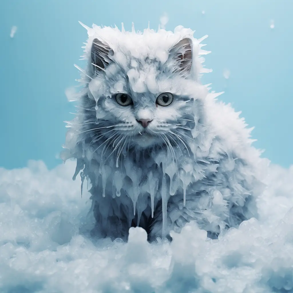 a cat, frozen solid, covered in icicles