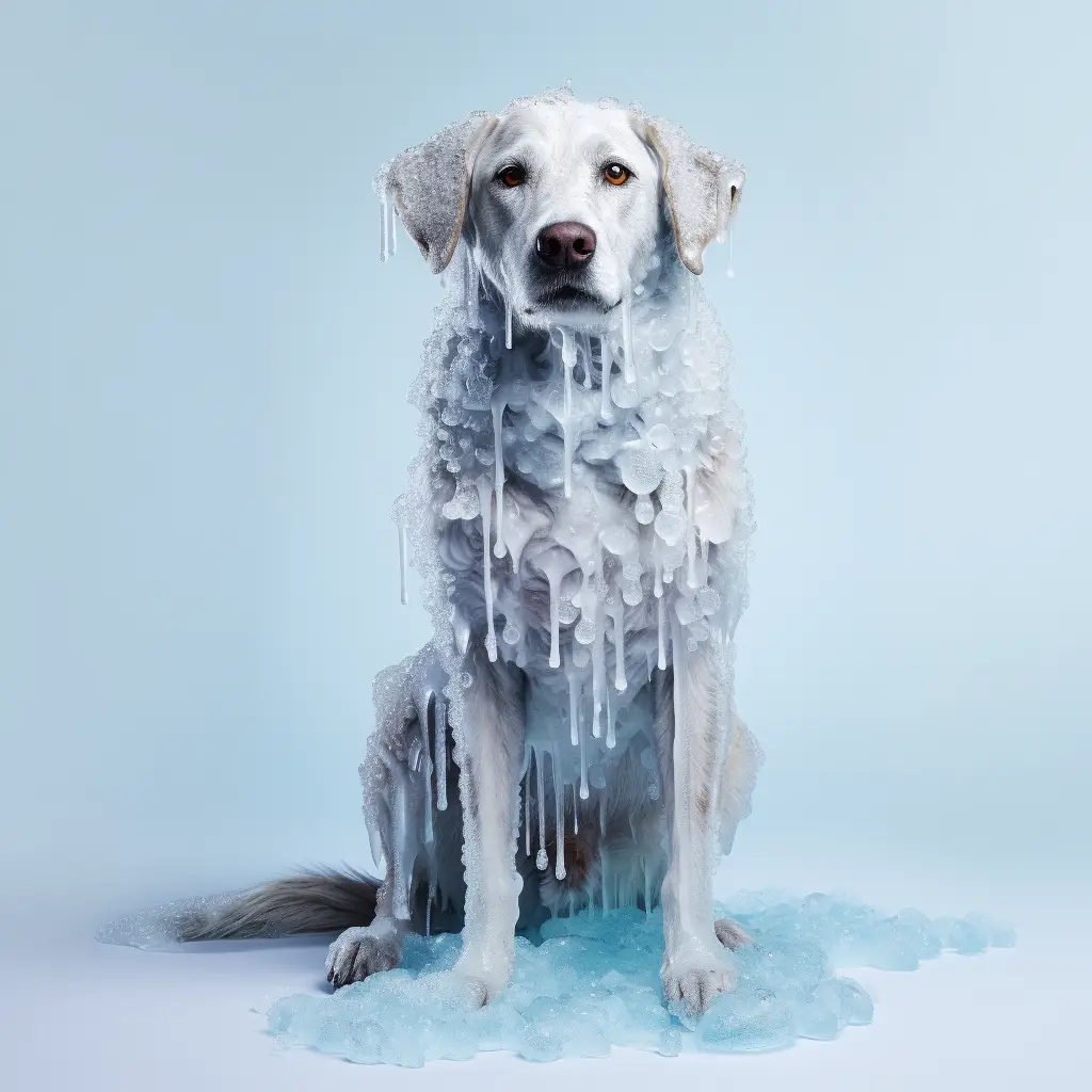 a dog frozen solid, sitting, covered in thick clumps of ice