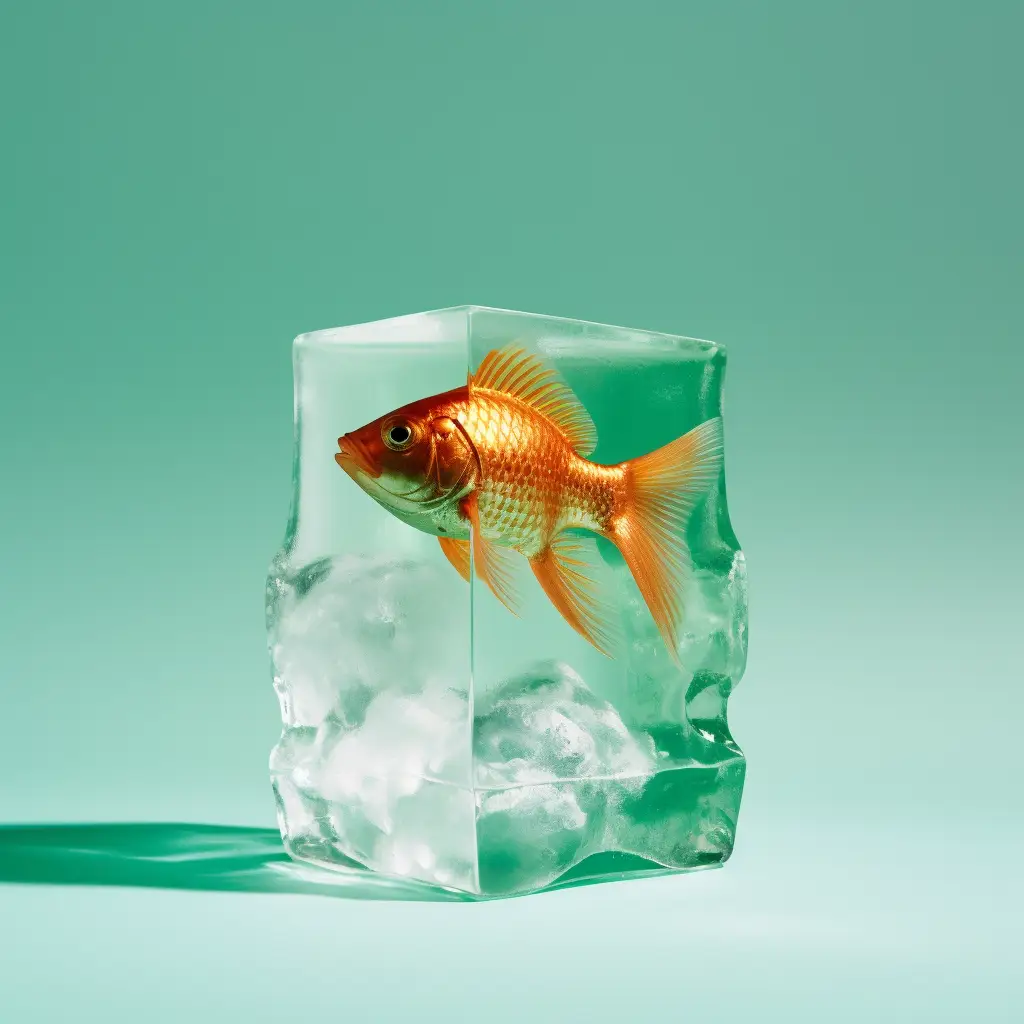 a goldfish frozen into a solic block of ice
