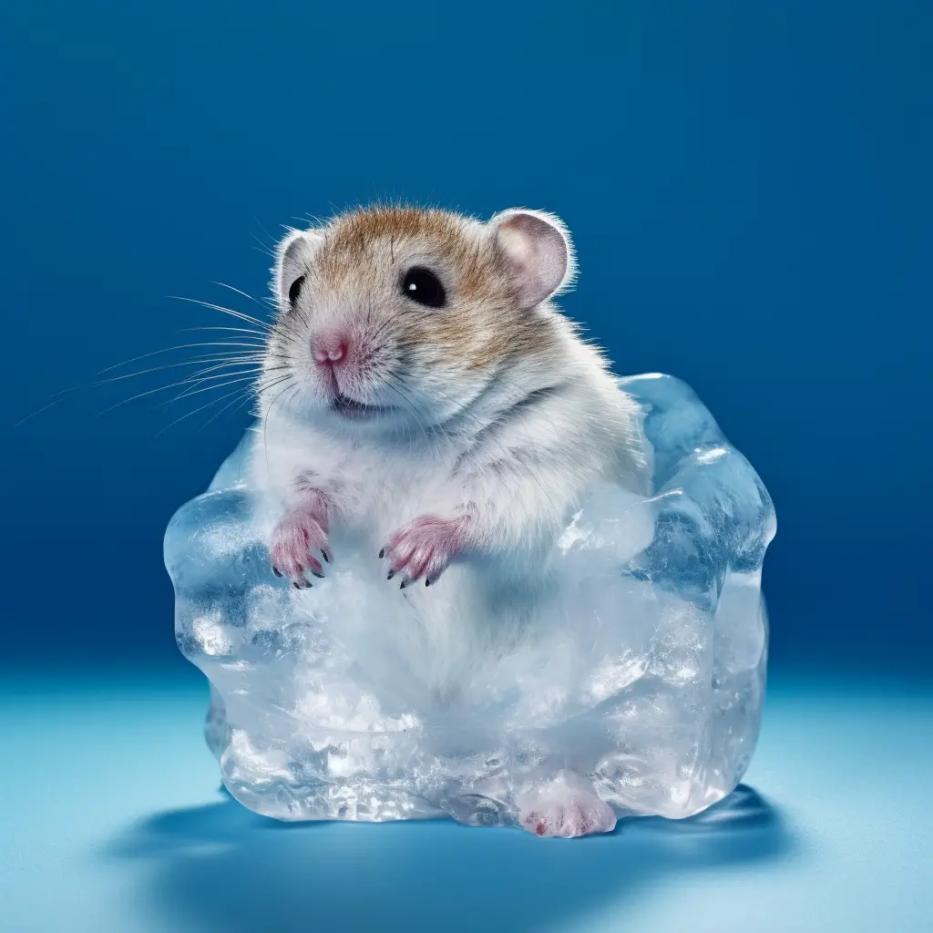a hamster half frozen into a chunk of ice